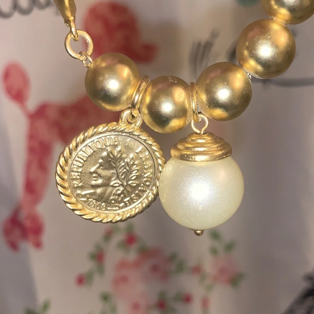 Karine Sultan Elegant Gold Beaded Bracelet with Pearl and Coin Charm - Picture 7 of 11